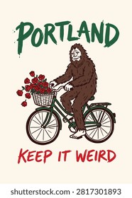 A friendly sasquatch pedals a green bicycle decorated with a basket of red roses in this retro illustration. The artwork emphasizes local charm and eccentric personality through bold hand-drawn lines and a warm color palette. Perfect for regional souvenir products and quirky lifestyle posters.