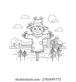 Friendly scarecrow with birds and barn scene