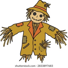 Friendly Scarecrow with Button Eyes and Straw Accents