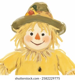 A friendly scarecrow illustration in yellow. Perfect for autumn festival designs, farm decor, and seasonal marketing.