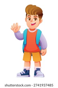 Friendly school boy waving his hand while wearing a backpack on a white background. Vector cartoon character illustration