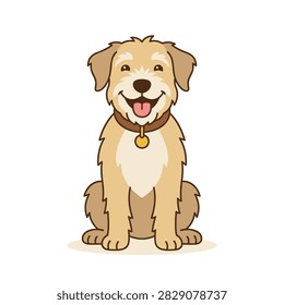 Friendly scruffy golden retriever dog illustration sitting happily. A cheerful, scruffy golden dog with a brown collar sits smiling on a white background. It has warm tan fur and friendly eyes. Ideal for pet care blogs or children's book illustrations.