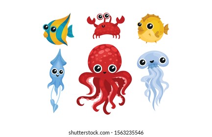 Friendly Sea Animals Vector Set For Kids Illustrated Book