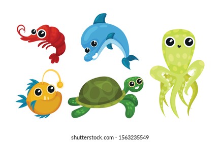 Friendly Sea Animals Vector Set For Kids Illustrated Book