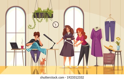 Friendly seamstresses measuring woman for clothes and sewing in modern atelier cartoon vector illustration