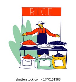 Friendly Seller Character Inviting To Buy Rice In His Stand On Asian Market. Thailand Or Chinese Man Presenting Crop Of Cereals On Outdoor Fair, Plates And Sacks With Rice. Linear Vector Illustration