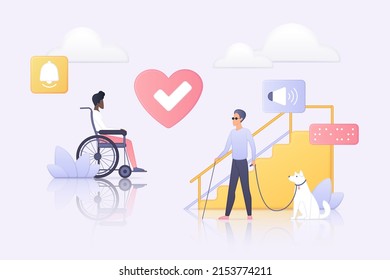 Friendly services, help and care for people with physical disability. Free access to building entrance and ramp for person in wheelchair, braille special alphabet for blind 3d vector illustration