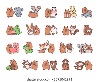 Friendly set with capybara featuring various animals cute kawaii characters with hugs, dancing, valentines day, fairy with magic wand and wings for cheerful creative designs illustration