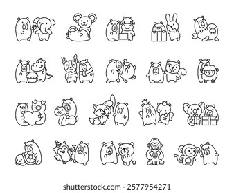 Friendly set with capybara featuring various animals cute kawaii characters with hugs, dancing, valentines day, fairy with magic wand and wings for cheerful creative designs illustration