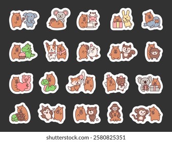 Friendly set with capybara featuring various animals cute kawaii characters with hugs, dancing, valentines day, fairy with magic wand and wings for cheerful creative designs illustration