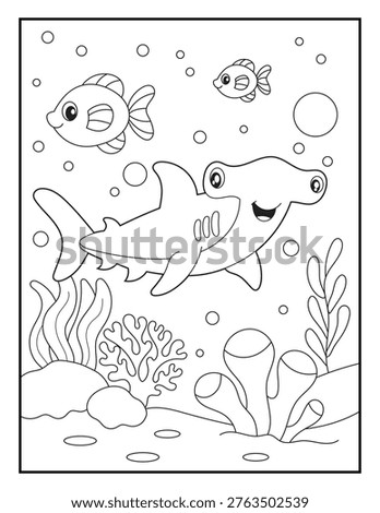 Friendly Shark Swimming with Fish in Ocean Scene Coloring Page Illustration for Kids. Black and White Printable Line Art for Children.