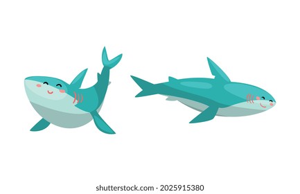 Friendly Sharks set, Amusing Sea Animal with Cute Face Expression Cartoon Vector Illustration