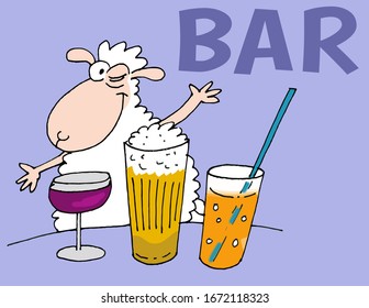 A friendly sheep works at the bar and offers a variety of drinks: red wine, beer and fruit juice. The illustration is vectorized.