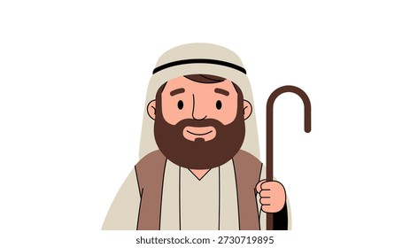 Friendly shepherd character in traditional middle eastern clothing holding a wooden staff for biblical and rural stories.