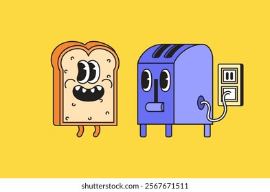 Friendly slice of bread and toaster character sharing a laugh in a bright kitchen-themed design cartoon illustration for for breakfast-themed products or children's content