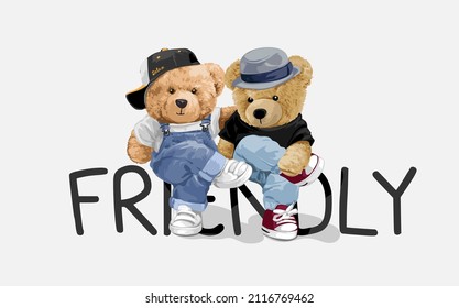 Friendly Slogan With Bear Doll Friends Sitting Cross Legs Vector Illustration