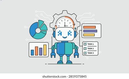 Friendly smart robot automating administrative tasks, managing schedules, and analyzing charts to increase efficiency.