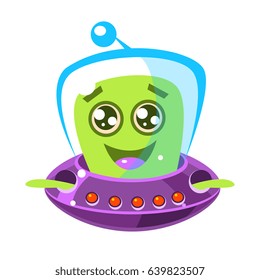 Friendly, smiling alien in a flying saucer, cute cartoon monster. Colorful vector character