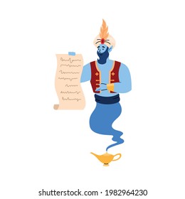 Freundlich lächelndes arabisches Genie, das auf die Liste in seinen Händen zeigt, Cartoon, Vektorgrafik einzeln auf weißem Hintergrund. Magischer Zauberer, der Wünsche gewährt.
