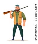 Friendly smiling bearded hunter character putting rifle on shoulder isolated on white background. Adult strong man wearing cap, vest, boots with ammunition and gun. Shooter and weapon. Hunting season