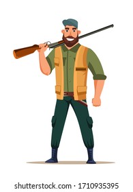Friendly smiling bearded hunter character putting rifle on shoulder isolated on white background. Adult strong man wearing cap, vest, boots with ammunition and gun. Shooter and weapon. Hunting season