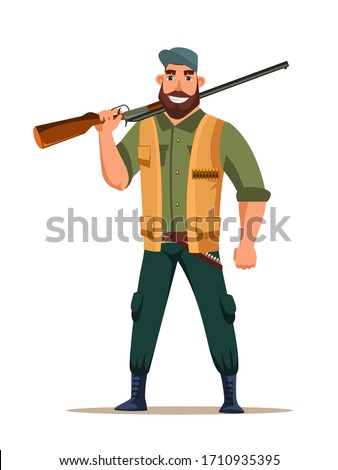 Friendly smiling bearded hunter character putting rifle on shoulder isolated on white background. Adult strong man wearing cap, vest, boots with ammunition and gun. Shooter and weapon. Hunting season
