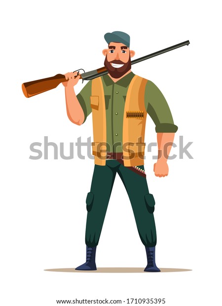 Friendly smiling bearded hunter character putting\
rifle on shoulder isolated on white background. Adult strong man\
wearing cap, vest, boots with ammunition and gun. Shooter and\
weapon. Hunting\
season