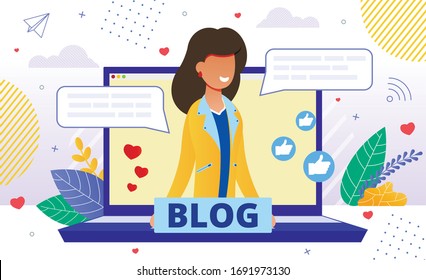 Friendly Smiling Blogger on Laptop Screen Promoting Personal Blog. Girl Offering Services and Goods for Followers Online and Receiving Likes Positive Feedback. Influencer Marketing and Blogging