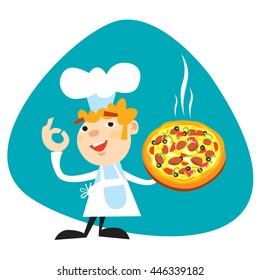 Friendly smiling blond Chef with big Chef's hat blond whiskers showing big round Pizza. Vector based cartoon style.