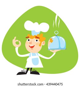 Friendly smiling blond Chef with in Chef's hat with big round Tray with lid on green background. Vector based cartoon style.
