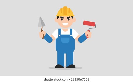 Friendly smiling cartoon builder in blue overalls and yellow hard hat holding a masonry trowel and paint roller.