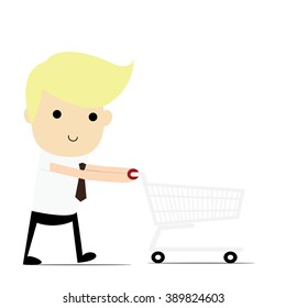 Friendly smiling cartoon businessman with empty shopping cart, ready for shopping