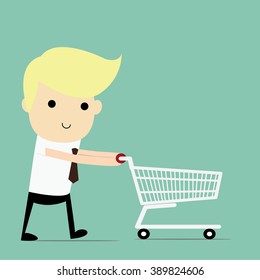Friendly smiling cartoon businessman with empty shopping cart, ready for shopping