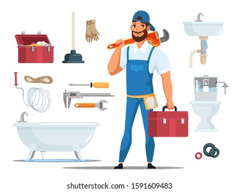 Friendly smiling cartoon professional man plumber character standing in uniform isolated on white. Flat pipe repair tools and working accessories, bathroom and toilet set. Vector illustration