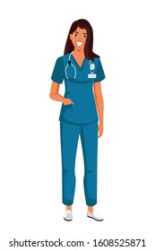 Friendly smiling cartoon young doctor or nurse woman character in uniform with stethoscope standing isolated on white. Female profession. Medicine and healthcare specialist. Vector flat illustration