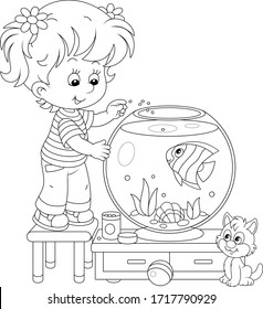 Friendly smiling cheerful small girl with her cute kitten feeding a funny striped aquarium butterfly fish in a nursery room at home, black and white vector cartoon illustration for a coloring book