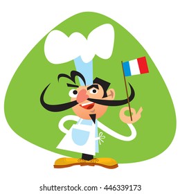 Friendly smiling Chef with big Chef's hat black whiskers, long mustache and big nose showing French flag on green background. Vector based cartoon style.