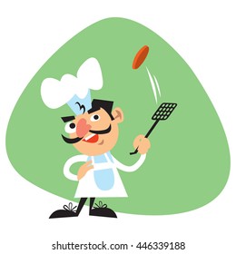 Friendly smiling Chef with big Chef's hat black whiskers and big nose tossing cutlet. On green background. Vector based cartoon style.