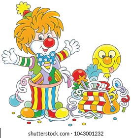 Friendly smiling circus clown in a colorful suit with his toys in a suitcase, a  vector illustration in a cartoon style