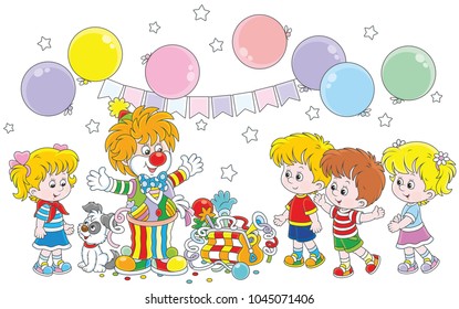 Friendly smiling circus clown in a colorful suit with his pup, toys and balloons playing with small children, a  vector illustration in a cartoon style