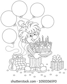 Friendly smiling circus clown in a colorful suit with a birthday cake, balloons and a gift, a black and white vector illustration in a cartoon style for a coloring book