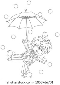 Friendly smiling circus clown dancing under an umbrella in rain of small balls, a black and white vector illustration in a cartoon style for a coloring book