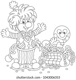 Friendly smiling circus clown in a funny suit with his toys in a suitcase, a black and white  vector illustration in a cartoon style for a coloring book