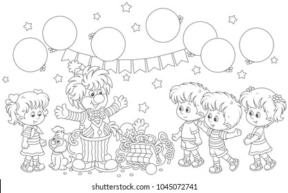 Friendly smiling circus clown with his pup, toys and balloons playing with small children, a black and white vector illustration in a cartoon style for a coloring book