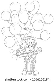 Friendly smiling circus clown with holiday balloons, a black and white vector illustration in a cartoon style for a coloring book