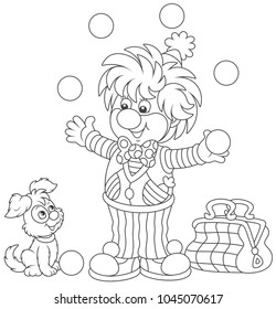 Friendly smiling circus clown juggling with balls and playing with his small dog, a black and white  vector illustration in a cartoon style for a coloring book