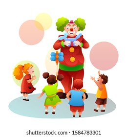 Friendly smiling circus clown making balloons toys for children. Happy kids and comedian artist with funny red nose wearing colorful costume. Entertainment and performance. Vector flat illustration