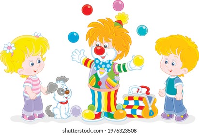 Friendly smiling circus clown showing trick and juggling with colorful balls for little kids and their small pup, vector cartoon illustration isolated on a white background