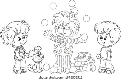 Friendly smiling circus clown showing trick and juggling with balls for little kids and their small pup, black and white outline vector cartoon illustration for a coloring book page