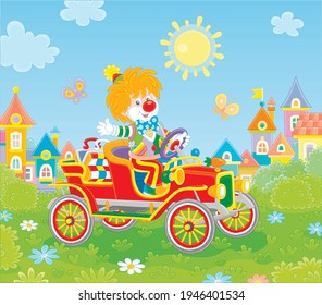 Friendly smiling clown in a colorful comic suit driving a funny retro car in a circus performance on a green playground in a summer park of a small pretty town, vector cartoon illustration